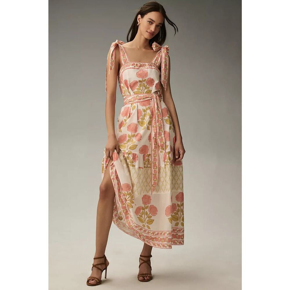 NWD Sue Sartor Tie-Shoulder Maxi Dress Size LP Petite Orange/Ivory #7E460